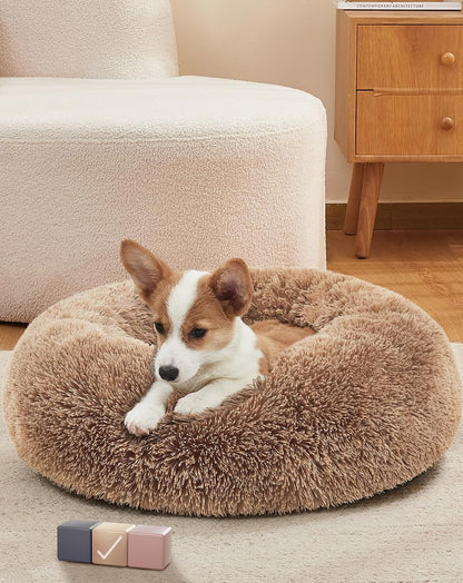 Calming Donut Dog Bed - Machine Washable Removable Cover - Comfort Plush Fluffy Faux Fur with Anti-Slip Bottom