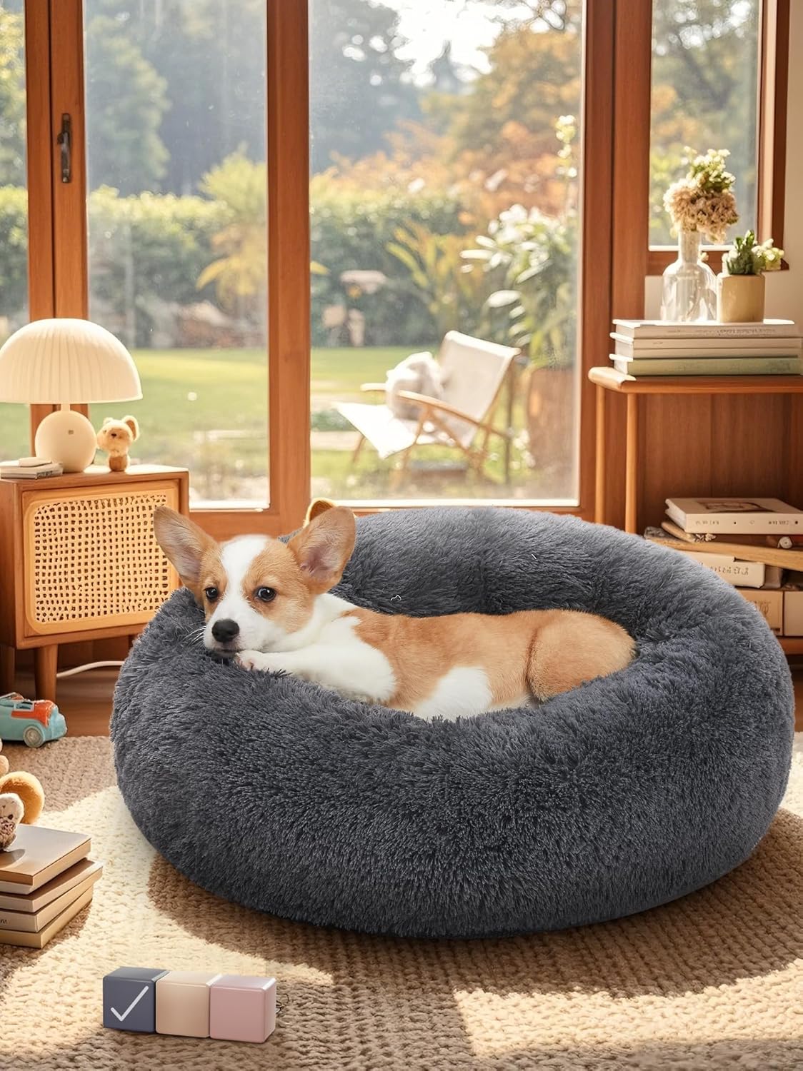 Calming Donut Dog Bed - Machine Washable Removable Cover - Comfort Plush Fluffy Faux Fur with Anti-Slip Bottom