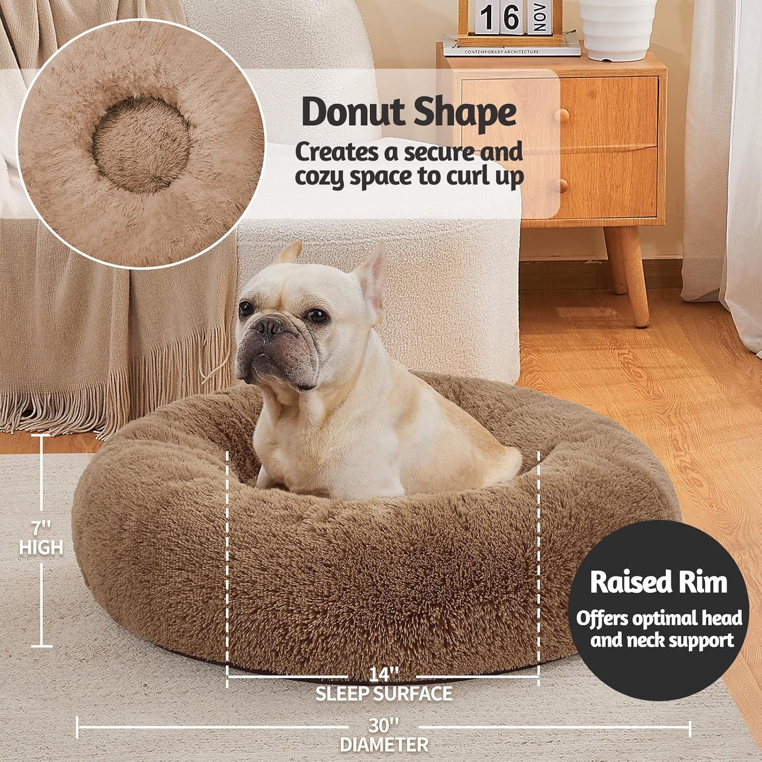 Calming Donut Dog Bed - Machine Washable Removable Cover - Comfort Plush Fluffy Faux Fur with Anti-Slip Bottom